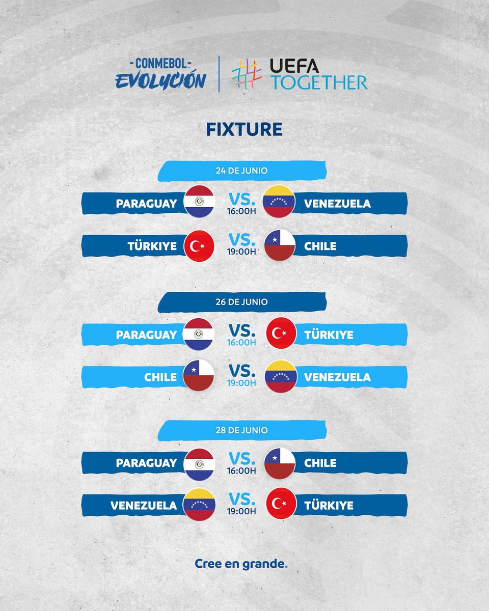TC_KarakasBE's tweet photo. Hoy comienza el torneo #DevelopmentCup, que se celebrará en #Venezuela entre el 24 y el 28 de junio con la organización de la @CONMEBOL y la @UEFA.
Deseamos éxitos a todos los equipos, especialmente a las jóvenes estrellas de la Selección Nacional Sub-18 de Türkiye🇹🇷🇻🇪🇵🇾🇨🇱 https://t.co/1YT5EgL4Ps