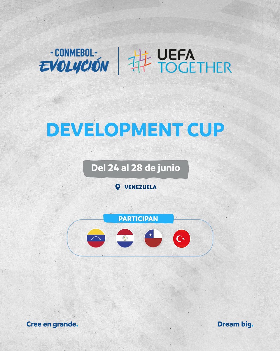 TC_KarakasBE's tweet photo. Hoy comienza el torneo #DevelopmentCup, que se celebrará en #Venezuela entre el 24 y el 28 de junio con la organización de la @CONMEBOL y la @UEFA.
Deseamos éxitos a todos los equipos, especialmente a las jóvenes estrellas de la Selección Nacional Sub-18 de Türkiye🇹🇷🇻🇪🇵🇾🇨🇱 https://t.co/1YT5EgL4Ps