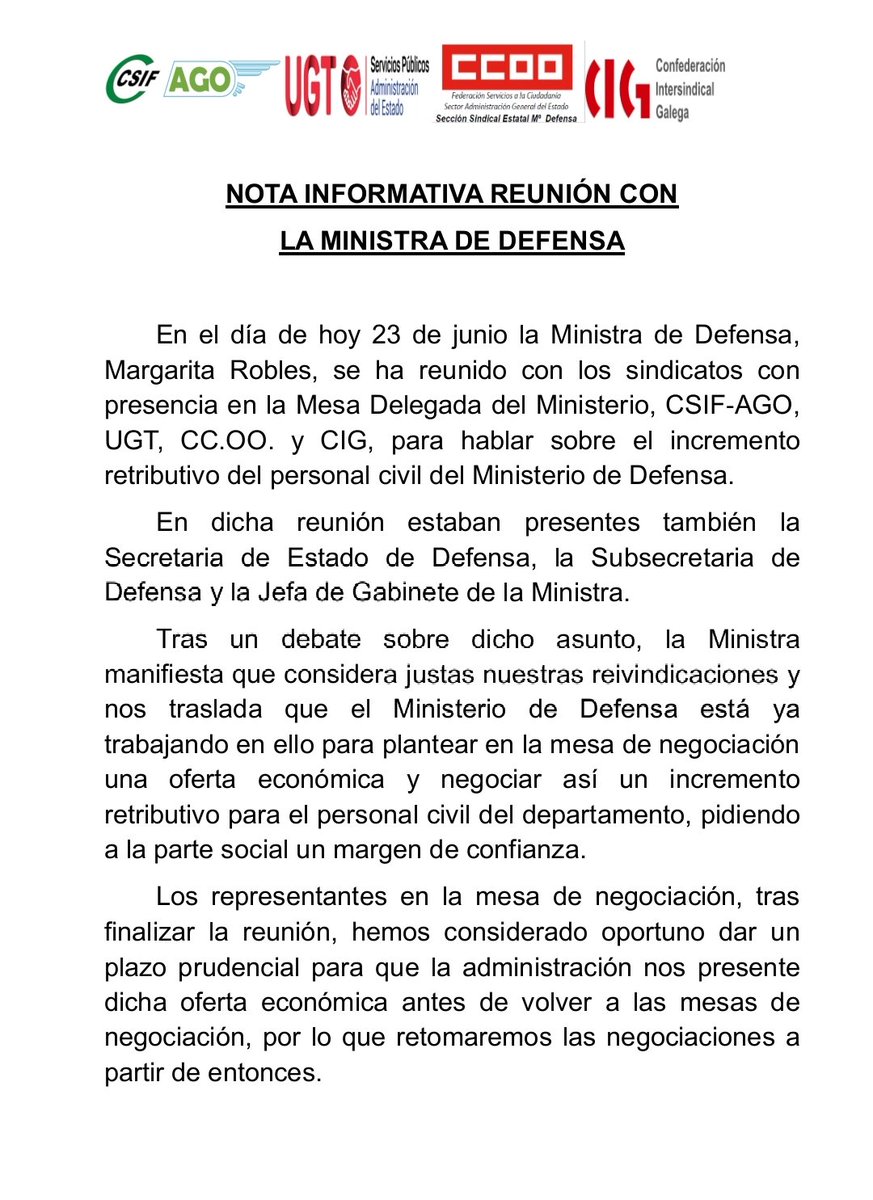 Adjuntamos Nota Informativa de la Reunión mantenida con la Ministra de Defensa.