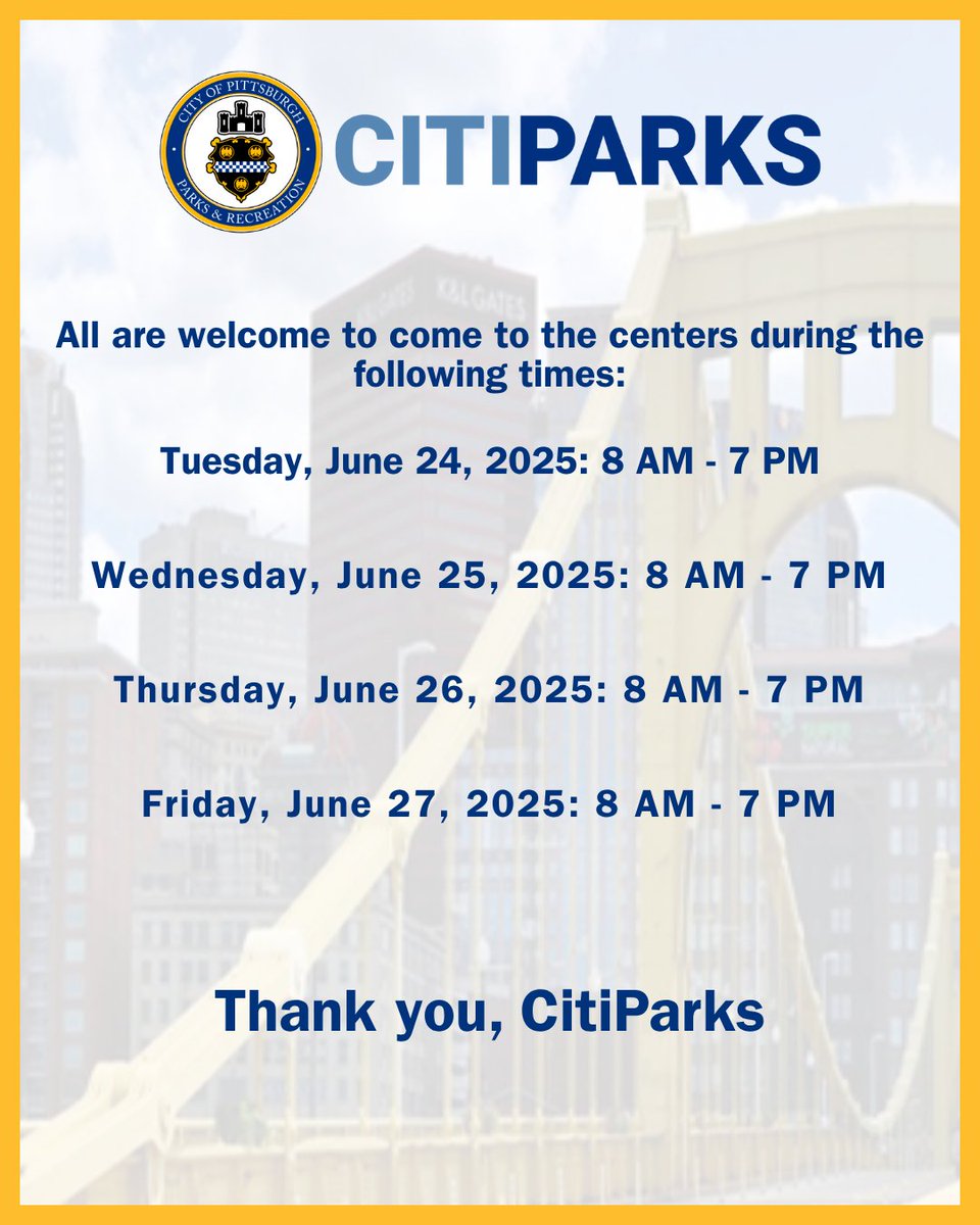 IMPORTANT UPDATE!

Due to the ongoing heatwave, CitiParks will EXTEND the opening of 6 Cooling Centers until Friday, June 27, 2025

The 6 CitiParks HAL Senior Centers will activate as cooling centers Tuesday 6/24, Wednesday 6/25, Thursday 6/26 and Friday 6/27 from  8 AM - 7 PM.