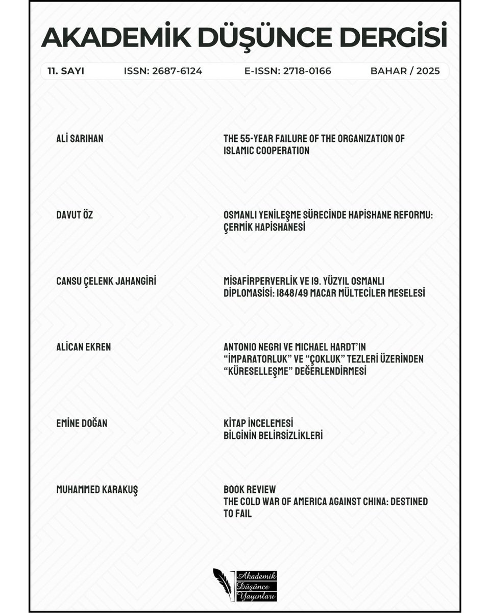 Enstitümüzün ulusal hakemli sosyal bilimler dergisi 2020 yılında yayın hayatına başladı. 

Akademik Düşünce Dergisi, 11’inci sayısı DergiPark sistemi üzerinden yayımlandı.
