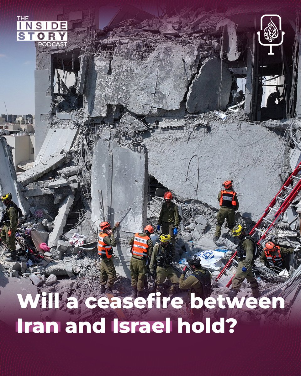 Al Jazeera English Podcasts (@ajepodcasts) on Twitter photo Donald Trump urges Israel and Iran to stick to the agreed ceasefire. It comes after Iran targeted a US military base in Qatar.
So, will this ceasefire hold?
🎧 #InsideStory spoke with <a href="/Dr_DaniaThafer/">Dr. Dania Thafer</a> and <a href="/Doug_Bandow/">Doug Bandow</a>: aj.audio/InsideStory Donald Trump urges Israel and Iran to stick to the agreed ceasefire. It comes after Iran targeted a US military base in Qatar.
So, will this ceasefire hold?
🎧 #InsideStory spoke with <a href="/Dr_DaniaThafer/">Dr. Dania Thafer</a> and <a href="/Doug_Bandow/">Doug Bandow</a>: aj.audio/InsideStory