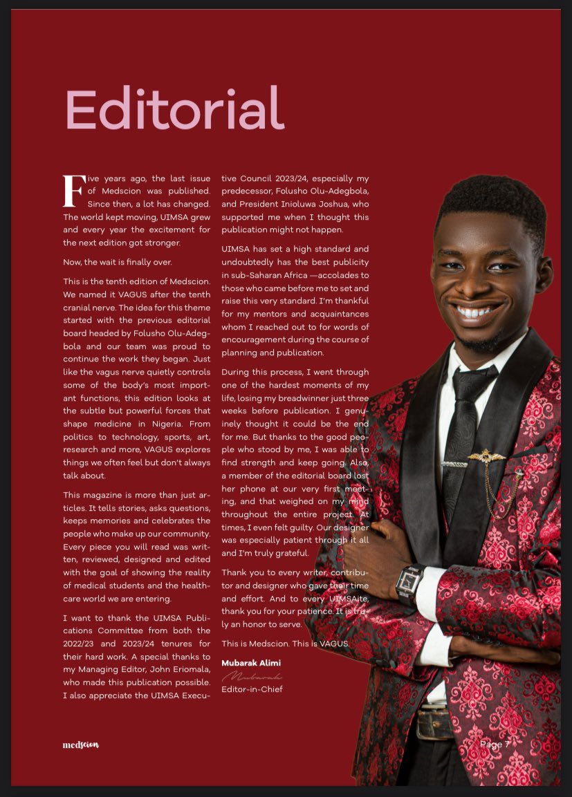 I’m yet to find the right words for this but putting out the Association’s publication after five long years stands is the biggest achievement of the PRO’s office.

Funnily enough, I took this picture while my father was saying his final words on the ward

uimsa.org.ng/download/medsc…