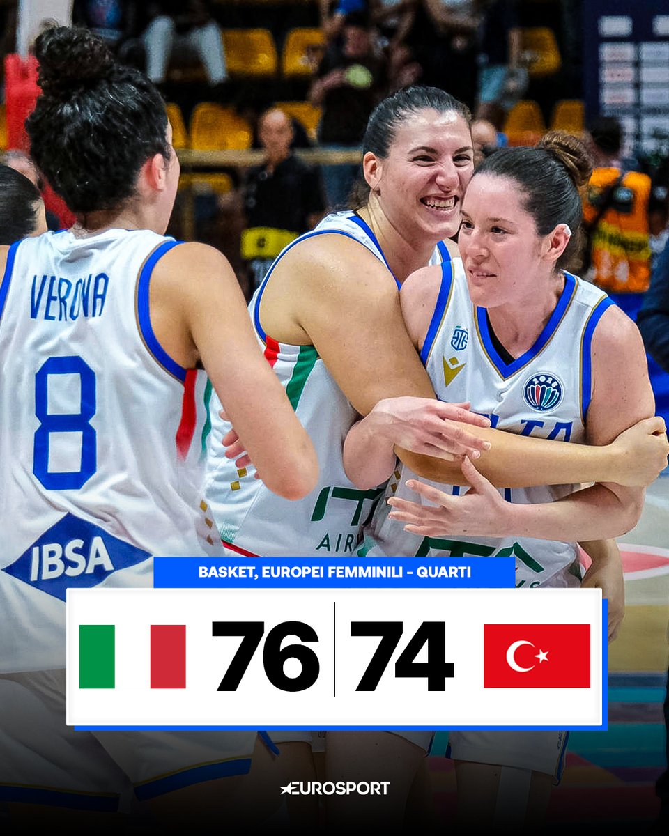 ITALIA IN SEMIFINALEEEEEE! 💙🏀

Le Azzurre battono la Turchia all'overtime e si prendono un posto tra le migliori quattro d'Europa per la prima volta dopo trent'anni! 🤩🤩🤩

#Italbasket #EuroBasketWomen #Basket