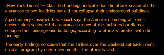TheStalwart's tweet photo. Per the NYT, classified findings indicate that the US failed to collapse the underground buildings in Iran, and only set back the country's nuclear program by a few months. 

https://t.co/sxbIdLL1vh https://t.co/9eiiECXG65