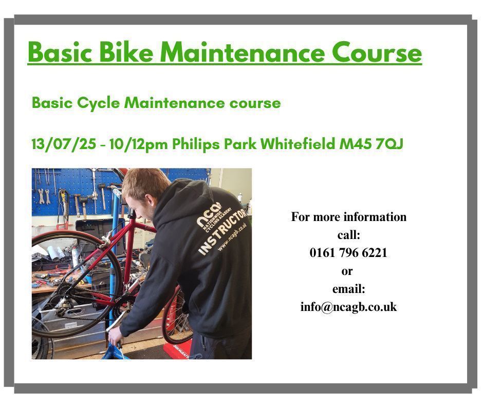 ThefolksatNCA (@ncagb) on Twitter photo Basic Cycle Maintenance course
13/07/25 - 10/12pm Philips Park Whitefield M45 7QJ
A two hour course aimed to showing you how to keep your bike in tip top condition
Funded by Tfgm @£10
Click to Book here:buff.ly/s476cn5
01617966221
<a href="/cyclenetwork_GO/">CYCLE NETWORK</a> Basic Cycle Maintenance course
13/07/25 - 10/12pm Philips Park Whitefield M45 7QJ
A two hour course aimed to showing you how to keep your bike in tip top condition
Funded by Tfgm @£10
Click to Book here:buff.ly/s476cn5
01617966221
<a href="/cyclenetwork_GO/">CYCLE NETWORK</a>