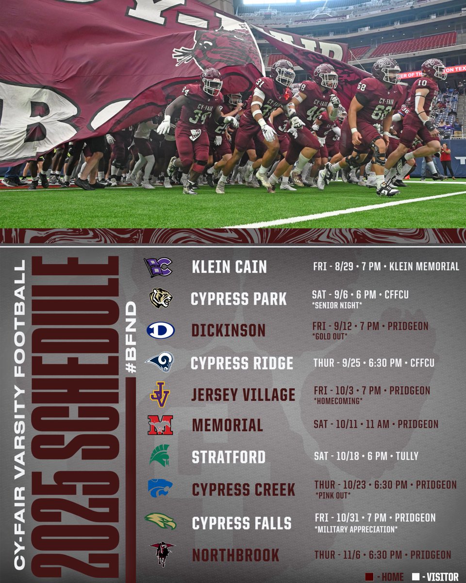 2025 Cy-Fair Varsity Football Schedule #BFND