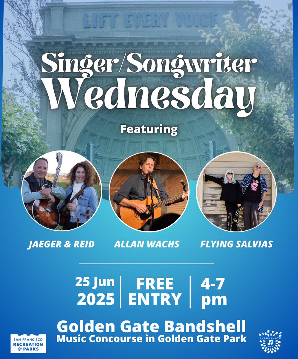 Illuminate LIVE (@illumin8live) on Twitter photo Enjoy a mid-week musical break featuring 3 local artists on the Bandshell stage.
4pm – Jaeger & Reid
5pm – Allan Wachs
6pm – Flying Salvias
📍Event Details
Date: Wed 6/25
Time: 4-7pm
Location: Music Concourse in Golden Gate Park
Free & All ages
<a href="/recparksf/">San Francisco Recreation and Park Department</a> Enjoy a mid-week musical break featuring 3 local artists on the Bandshell stage.
4pm – Jaeger & Reid
5pm – Allan Wachs
6pm – Flying Salvias
📍Event Details
Date: Wed 6/25
Time: 4-7pm
Location: Music Concourse in Golden Gate Park
Free & All ages
<a href="/recparksf/">San Francisco Recreation and Park Department</a>