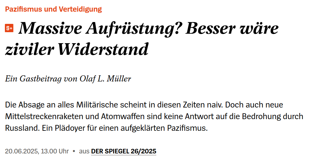 maternus's tweet photo. Im Spiegel plädiert ein pazifistischer Philosoph für "zivilen Widerstand", wenn der Russe kommt. Flashmobs sollen sich ihm "singend und Suppe servierend" entgegenstellen. Die Angreifer würden die Monstrosität ihres Vorhabens erkennen und davon ablassen.

Der meint das ernst. 
1/2 https://t.co/ewGZ7A7XV2