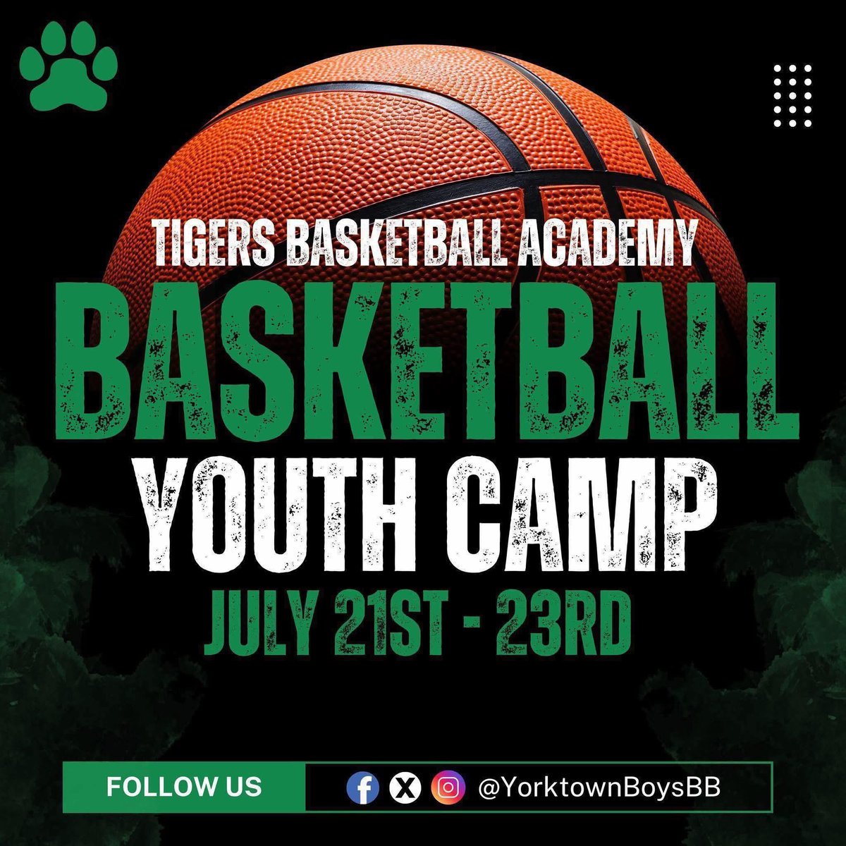YorktownBoysBB's tweet photo. Only 16 days left to register &amp; get your FREE camp T-shirt!

📆 July 21–23 |
✅ Open to Yorktown students

🟡 Grades 1–3: 3:00–4:15 PM – $45
🟢 Grades 4–6: 3:00–4:30 PM – $45
👨‍👩‍👧 Extra kids = just $30 each!

🎯 Sign up now: https://t.co/kYBSgLtzFN
#TigerPride #YorktownHoops https://t.co/zc7t3gULYv
