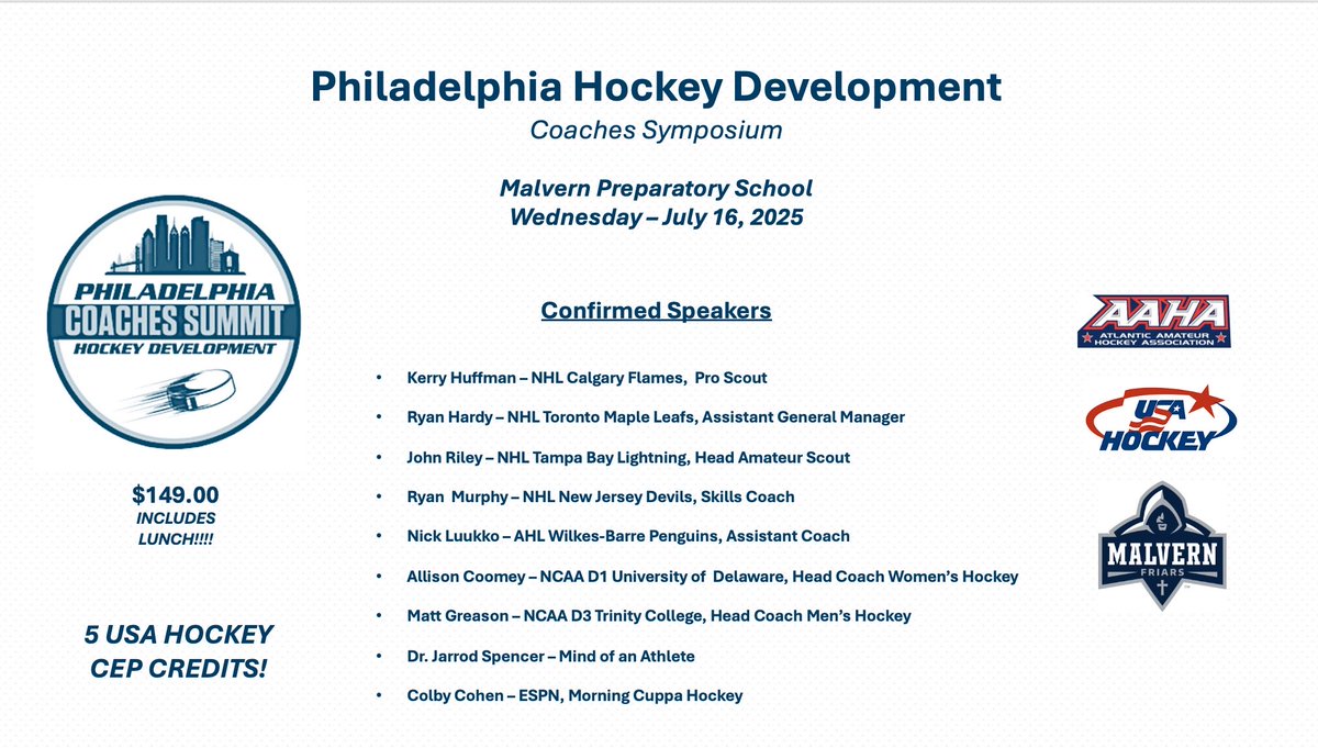 Attention Philly area Hockey Coaches.  Great opportunity on July 16th!  

Our 3rd Annual Summit will be held at Malvern Prep! 

Speakers include NHL staff and NCAA coaches!

<a href="/AtlanticDistr/">Atlantic District</a> 
<a href="/usahockey/">USA Hockey</a> 
<a href="/MPIceHockey/">MP Ice Hockey</a>
<a href="/ApacHockey/">APAC Hockey</a> 

Register today: 👇🏻

atlantic-district.sportngin.com/register/form/…