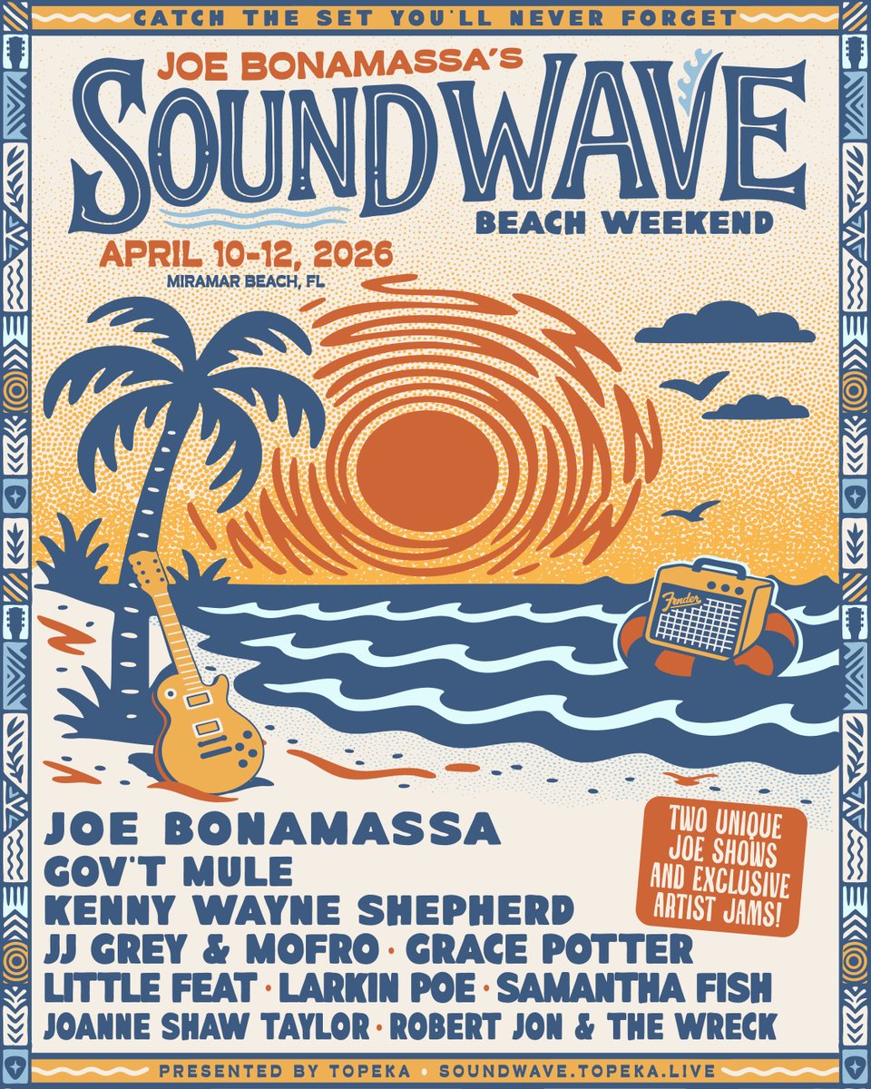 JJ Grey (@jjgreyandmofro) on Twitter photo Just Announced 🌊 Join us April 10–12, 2026, for <a href="/JBONAMASSA/">Joe Bonamassa (Official)</a>’s Sound Wave Beach Weekend in beautiful Miramar Beach, Florida!
Sign up for presale access now at soundwave.topeka.live Just Announced 🌊 Join us April 10–12, 2026, for <a href="/JBONAMASSA/">Joe Bonamassa (Official)</a>’s Sound Wave Beach Weekend in beautiful Miramar Beach, Florida!
Sign up for presale access now at soundwave.topeka.live