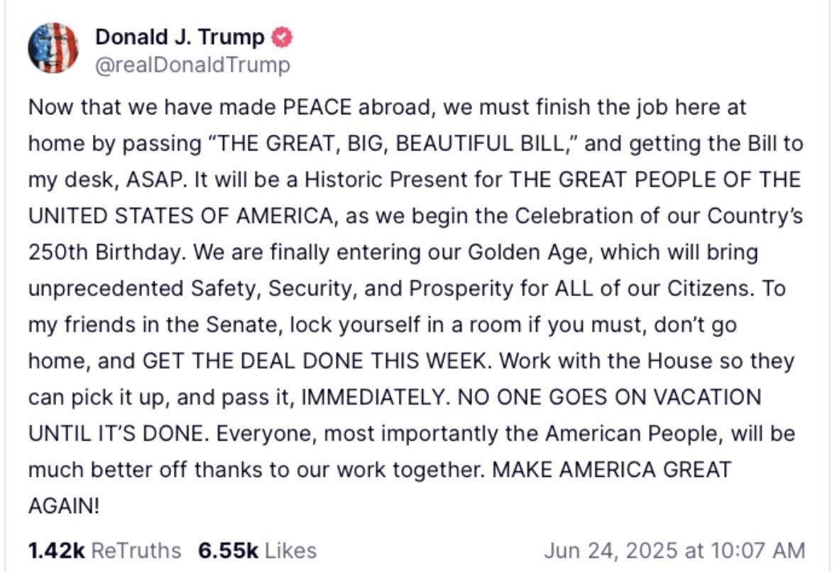 RepBoebert's tweet image. President Trump is exactly right. Senate conservatives need to hold the line! Do not PASS this without keeping the PROMISES we made to the American people in November.
•SECURE THE BORDER
•UNLEASH AMERICAN ENERGY
•DEFUND THE GREEN NEW SCAM
•END SNAP ELIGIBILITY FOR ILLEGALS…