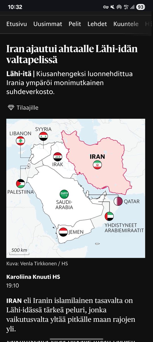 SRistol88's tweet photo. Largest newspaper in all Nordic countries @hsfi and their writer @KaroliinaKnuuti just added "Palestine" on the map and removed Israel, in an article that talks about Iran's allies and enemies. They've also published bunch of fake Hamas narratives in the past, now this map. https://t.co/7pOUyeEpW8