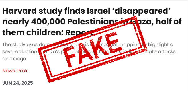 ¹ Another fake has just landed, claiming that “Harvard study finds Israel ‘disappeared’ nearly 400,000 (or 377,000)  Palestinians in Gaza, half of them children.”

Where does this bullshit-du-jour come from? 🧵