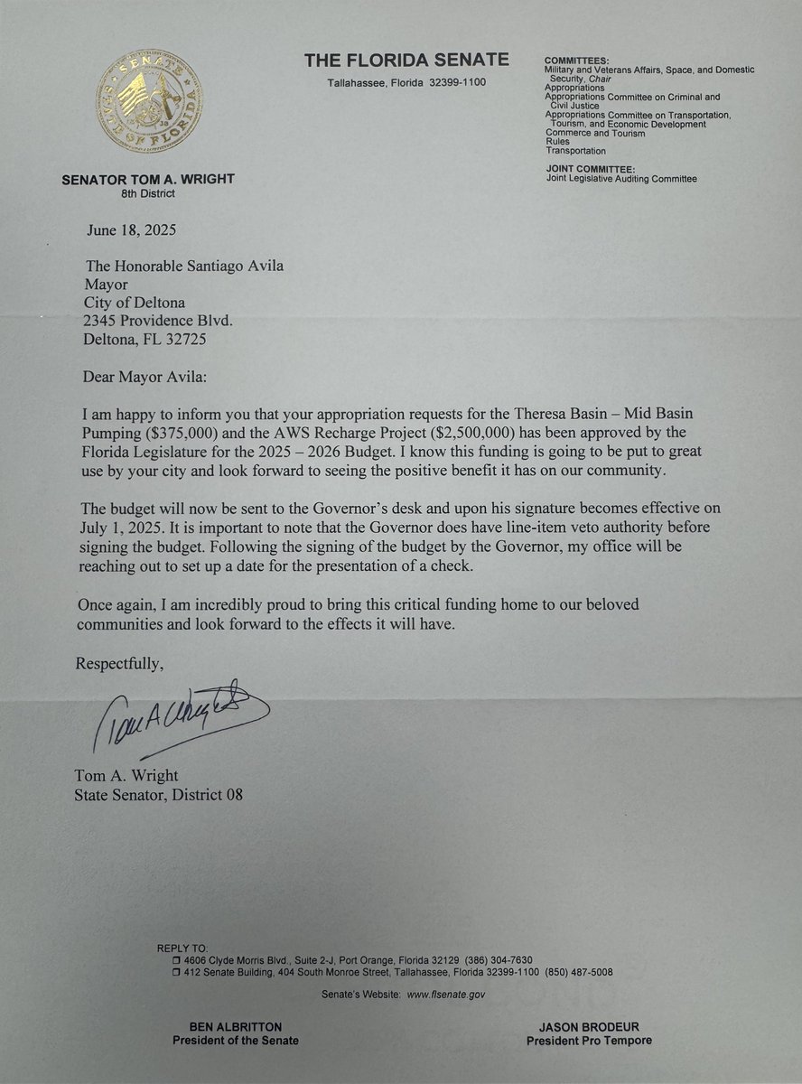 Mayor Santiago Avila, Jr. 🐊🇺🇸 (@avilafordeltona) on Twitter photo 📢 I want to take a moment to publicly thank State <a href="/SenTomWright/">Tom Wright</a> and State Representative <a href="/websterbarnaby/">Webster Barnaby</a> for their steadfast support and advocacy on behalf of the <a href="/CityofDeltonaFL/">City of Deltona, FL</a>
Thanks to their hard work, the Florida Legislature has approved our appropriations request for 📢 I want to take a moment to publicly thank State <a href="/SenTomWright/">Tom Wright</a> and State Representative <a href="/websterbarnaby/">Webster Barnaby</a> for their steadfast support and advocacy on behalf of the <a href="/CityofDeltonaFL/">City of Deltona, FL</a>
Thanks to their hard work, the Florida Legislature has approved our appropriations request for