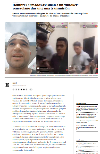 jcfranco35's tweet photo. En Venezuela  

Por denunciar vínculos (corrupción, extorsión) de la policía de Maracay con las organizaciones criminales Tren de Aragua y Tren del Llano, fue asesinado el ‘tiktoker’ venezolano Gabriel Sarmiento, en su propia casa, durante una transmisión en vivo https://t.co/TxAKSwMjG6