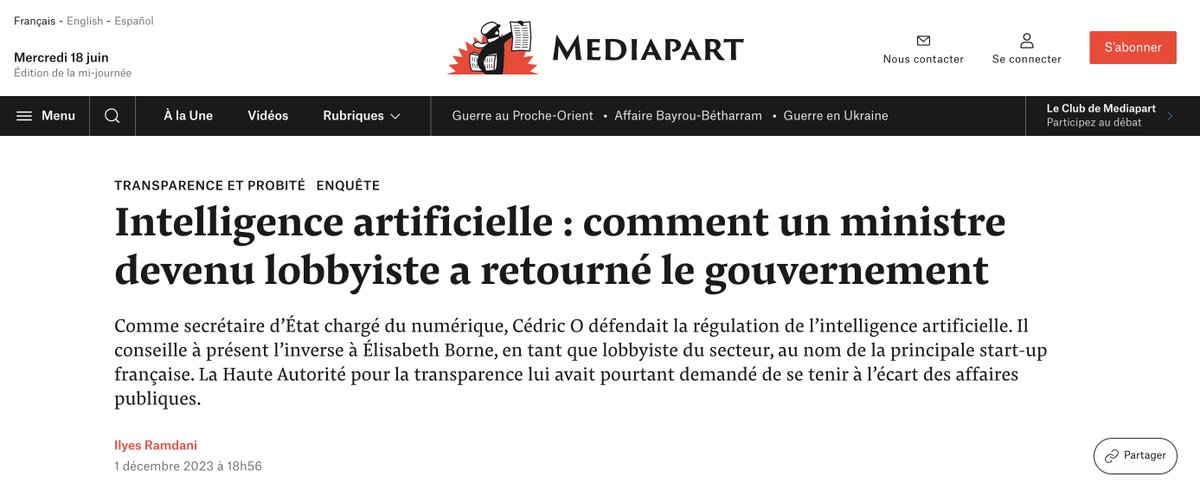 💼 #CashInvestigation | Nos confrères de <a href="/Mediapart/">Mediapart</a> ont enquêté sur Cédric O : “Intelligence artificielle : comment un ministre devenu lobbyiste a retourné le gouvernement”, un article de Ilyes Ramdani (<a href="/Ilyesramdani1/">Ilyes Ramdani</a>)
mediapart.fr/journal/france…