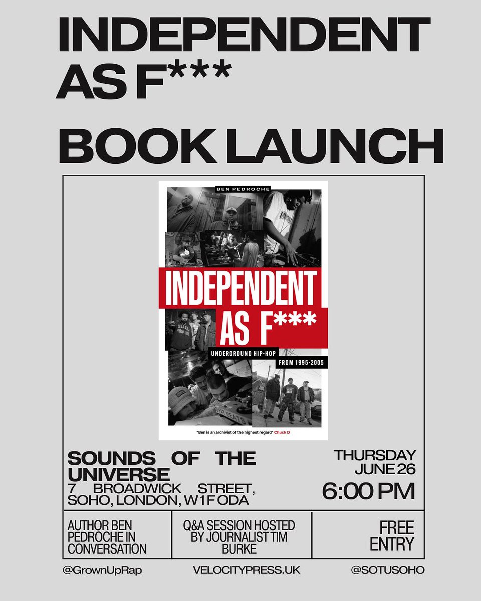 Grown Up Rap (@grownuprap) on Twitter photo TWO DAYS UNTIL LONDON!⠀
⠀
Come down to <a href="/SOTUSOHO/">Soundsofthe Universe</a> in Soho to hear me chat about the classic underground hip-hop era, and other things from ‘Independent As F***’⠀
⠀
Free event. 6pm, Thursday, June 26. See flyer for more.⠀ TWO DAYS UNTIL LONDON!⠀
⠀
Come down to <a href="/SOTUSOHO/">Soundsofthe Universe</a> in Soho to hear me chat about the classic underground hip-hop era, and other things from ‘Independent As F***’⠀
⠀
Free event. 6pm, Thursday, June 26. See flyer for more.⠀