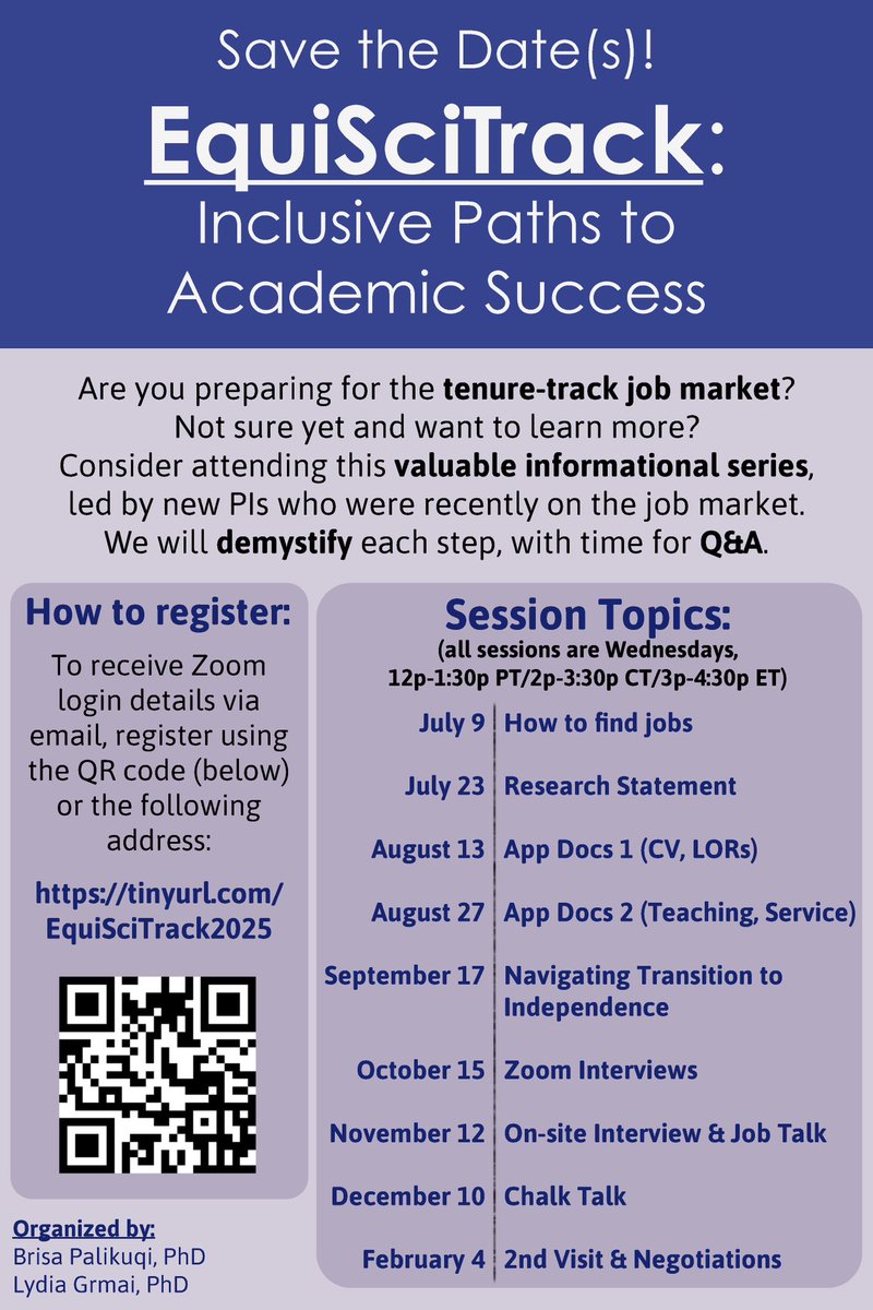 Brisa Palikuqi (@brisapalikuqi) on Twitter photo Calling all future faculty! 
Great news: we are bringing back the EquiSciTrack series with a fantastic lineup of generous new PIs.
As before, we’ll be discussing major points of the application process.   
See flyer below for registration link/QR. We hope to see you there! Calling all future faculty! 
Great news: we are bringing back the EquiSciTrack series with a fantastic lineup of generous new PIs.
As before, we’ll be discussing major points of the application process.   
See flyer below for registration link/QR. We hope to see you there!