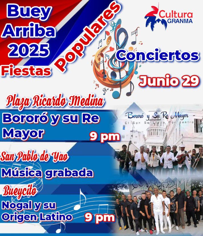 #CulturaGranma
Nuestros #MúsicosDeGranma pondrán sabor y ritmo en las #FiestasPopulares #BueyArriba2025. Conciertos de lujo en las diferentes plazas del municipio.   #ElArteNoPara en la #ProvinciaGranma
#GranmaConmigoCuenta  #CubaViveYCelebra 🎼✨🇨🇺
Entérese aquí 👇.