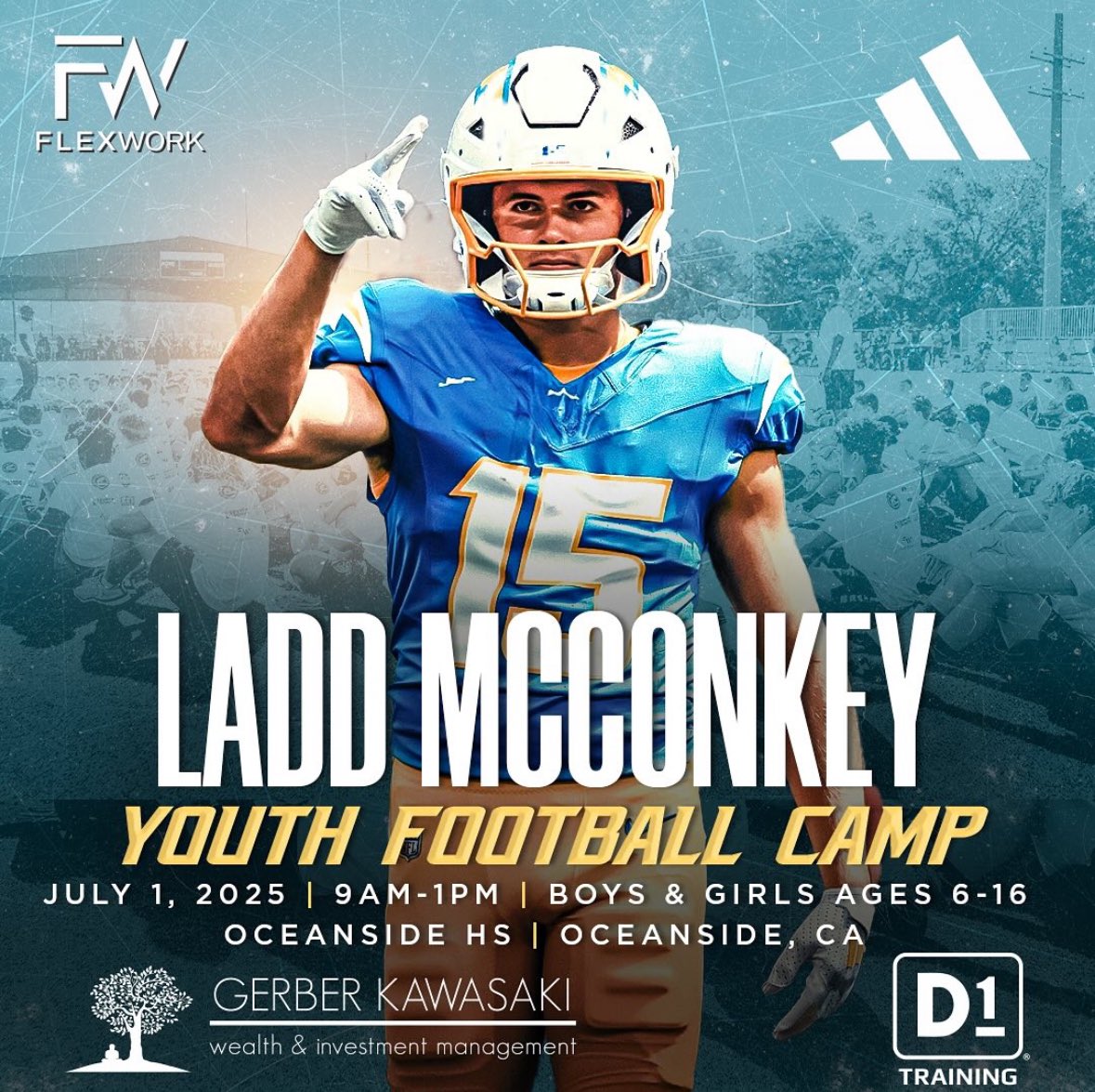 #Chargers WR Ladd McConkey is hosting a youth football camp in Oceanside, CA on Tuesday, July 1st #BoltUp