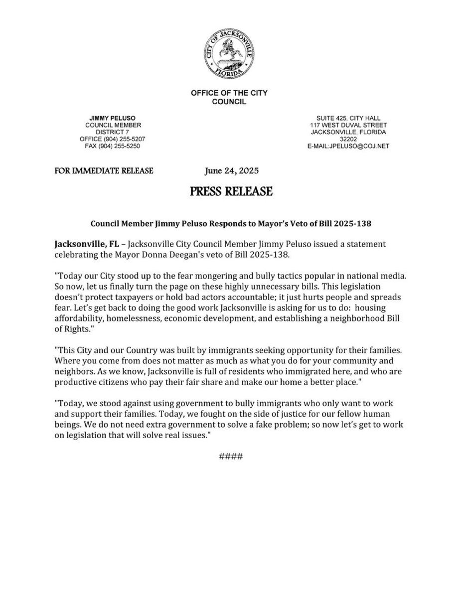 jimmyforjax's tweet image. I am incredibly proud of what our Mayor has done today, & I’m grateful to see us pushing back against a bill that is unpopular, unnecessary and bad public policy. Let’s focus on making lives better in this City, not fear mongering. #jaxpol #flapol