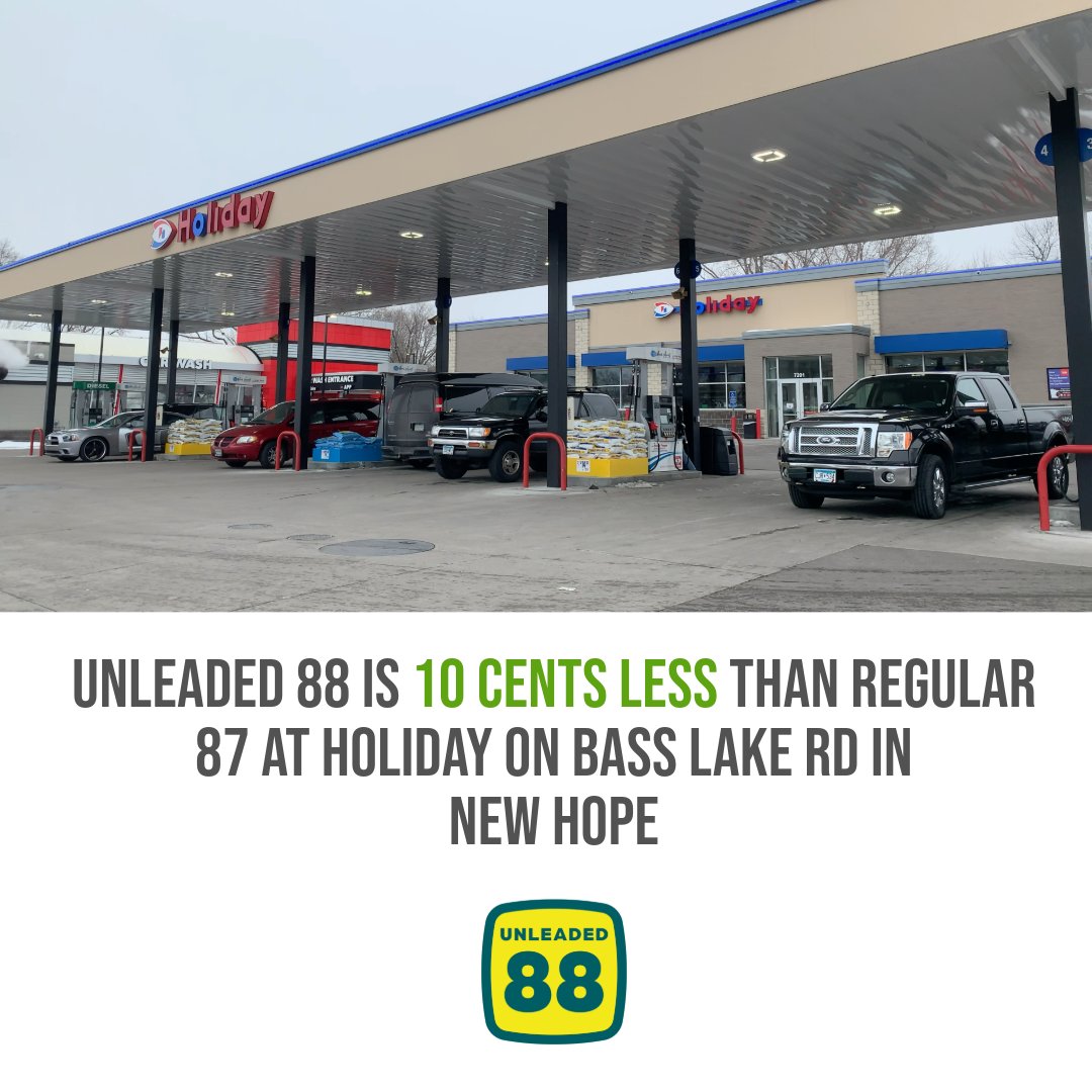 Unleaded 88 is 10 cents less per gallon than regular gas at Holiday at 7201 Bass Lake Rd in New Hope! Get directions here: bit.ly/3HUMQDc