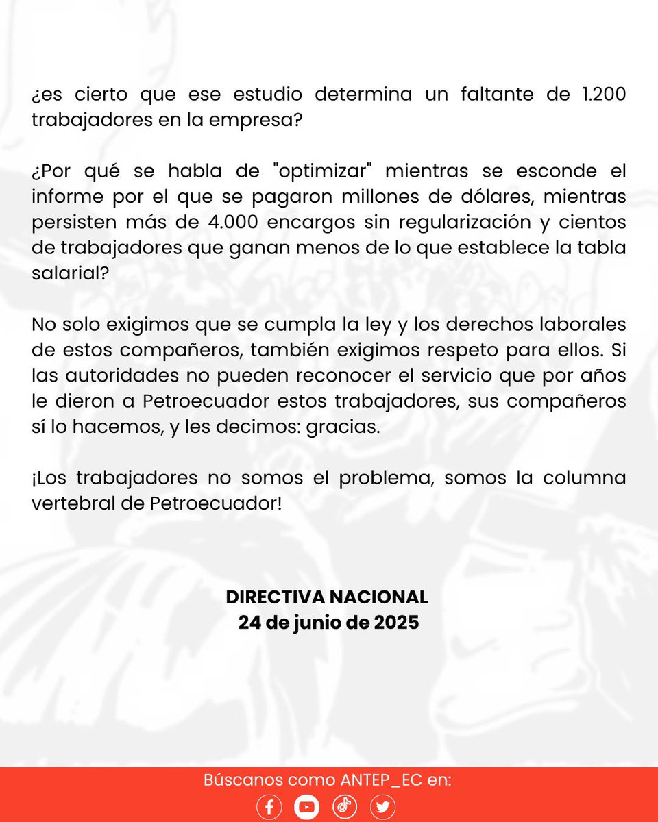 ANTEP (@antep_ec) on Twitter photo 🔴 #COMUNICADO | Hoy, <a href="/EPPetroecuador/">EP Petroecuador 🇪🇨</a> despidió a 70 trabajadores técnicos con décadas de experiencia, acusándolos injustamente de "burócratas dorados".
👉 La mayoría de ellos llegó a la estatal tras la nacionalización de empresas privadas y ha sostenido por años la operación 🔴 #COMUNICADO | Hoy, <a href="/EPPetroecuador/">EP Petroecuador 🇪🇨</a> despidió a 70 trabajadores técnicos con décadas de experiencia, acusándolos injustamente de "burócratas dorados".
👉 La mayoría de ellos llegó a la estatal tras la nacionalización de empresas privadas y ha sostenido por años la operación
