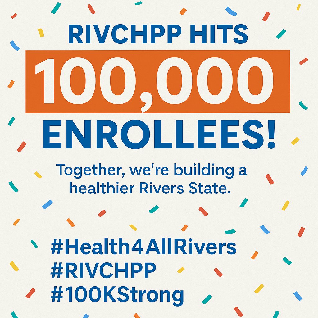 RVCHPP's tweet image. 💥 100,000 Enrollees!
RIVCHPP just hit a historic milestone — 100,000 lives now have access to affordable healthcare in Rivers State!
We’re not slowing down. This is #Health4AllRivers in action!
Let’s go even higher! 🚀
#RIVCHPP #100KStrong #UHC #NigeriaHealth
@VettyAgala