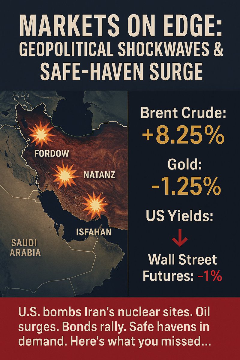 ashipa22's tweet photo. 🧵Thread: Middle East on Edge | Markets in Turmoil
1️⃣   On Sunday, June 22, the U.S. bombed 3 key Iranian nuclear facilities—Fordow, Natanz & Isfahan.   This marks a major escalation in the Iran-Israel conflict.   Here’s how the markets reacted & what lies ahead 👇   #Geopolitics #Markets
1/8