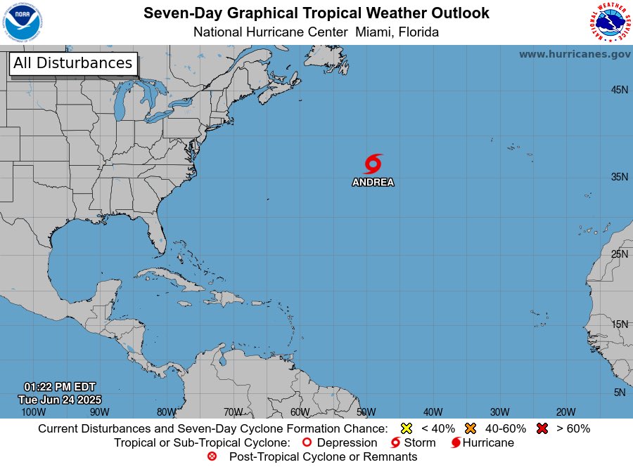sloanedulany's tweet photo. Tropical Storm Andrea is now the first named storm of the 2025 Atlantic hurricane season. Luckily, we won’t see any impacts on land. Up next… Barry! https://t.co/hyazqJRNhO