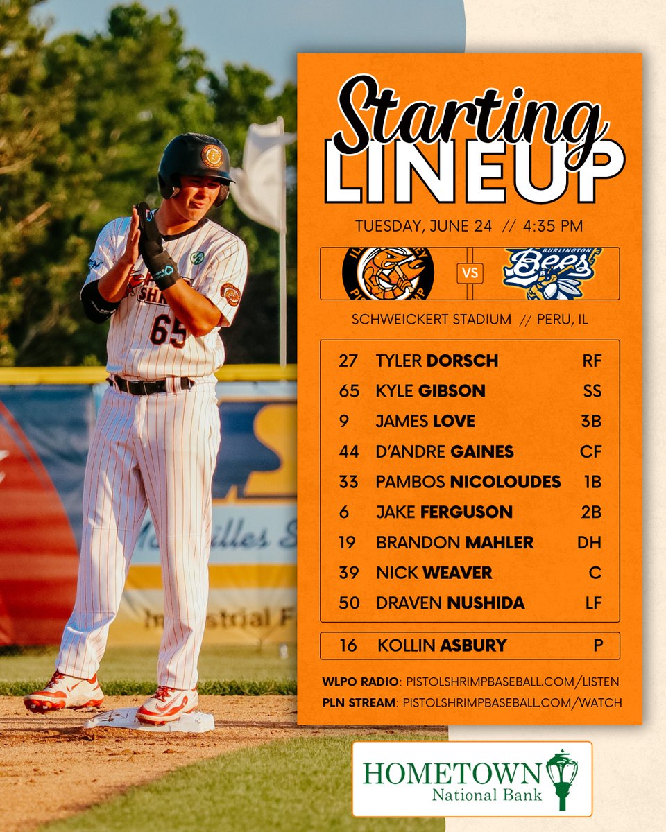 Tonight's game one Starting Lineup presented by Hometown National Bank!

Coverage on 103.9 WLPO &amp; PLN begins at 4:10! #FearTheClaw

🎙️ - pistolshrimpbaseball.com/listen

🎥 ($) - pistolshrimpbaseball.com/watch