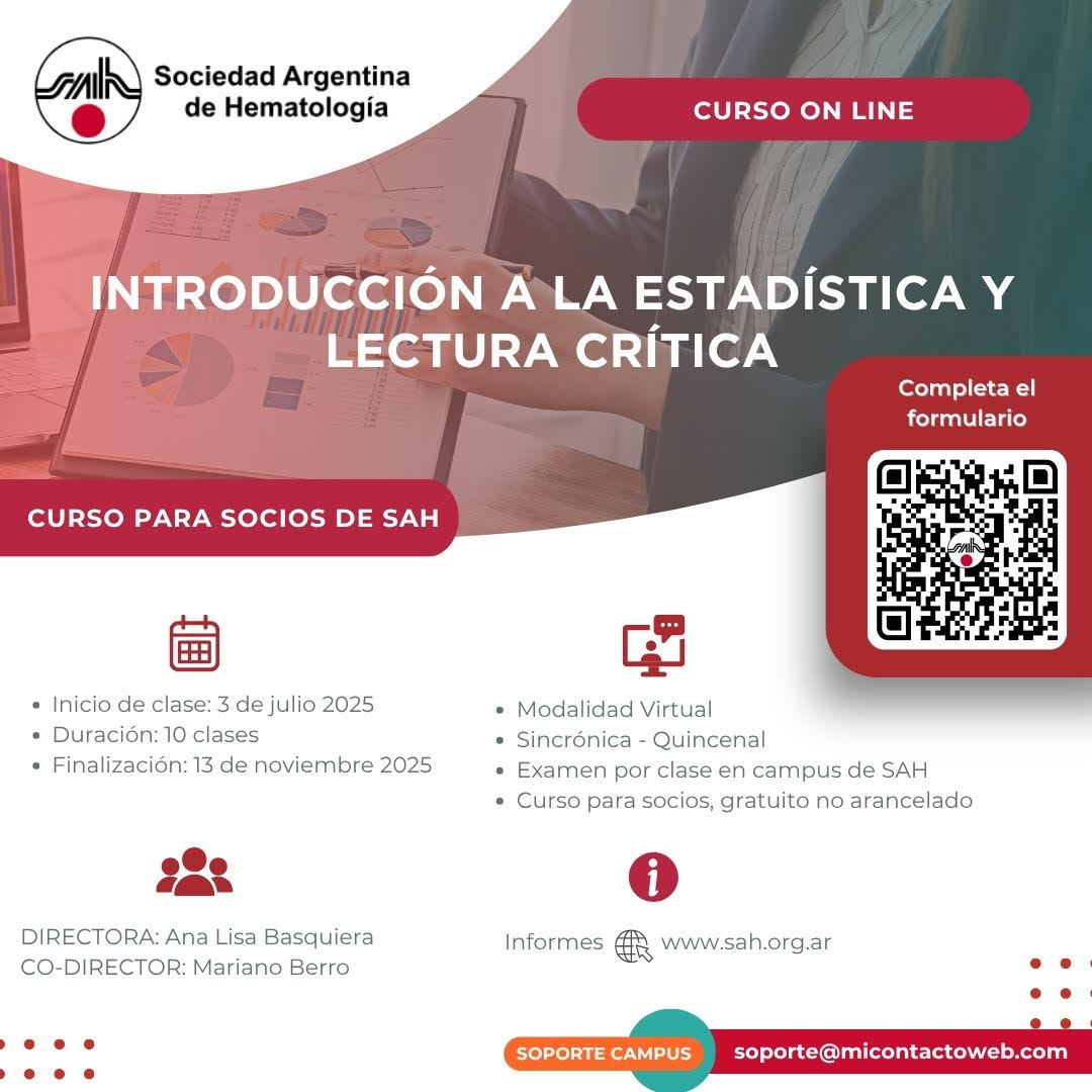 Sociedad Argentina de Hematología (@sahematologia) on Twitter photo 📚 Curso de Estadística y Lectura Crítica de <a href="/SAHematologia/">Sociedad Argentina de Hematología</a>
Clave para fortalecer la práctica basada en evidencia y la lectura científica.
🧠 Otorga puntos para recertificación.
📅 Inscripción abierta hasta el 27 de junio.
¡No te lo pierdas!
#SAH #Hematología #EducaciónMédica 📚 Curso de Estadística y Lectura Crítica de <a href="/SAHematologia/">Sociedad Argentina de Hematología</a>
Clave para fortalecer la práctica basada en evidencia y la lectura científica.
🧠 Otorga puntos para recertificación.
📅 Inscripción abierta hasta el 27 de junio.
¡No te lo pierdas!
#SAH #Hematología #EducaciónMédica