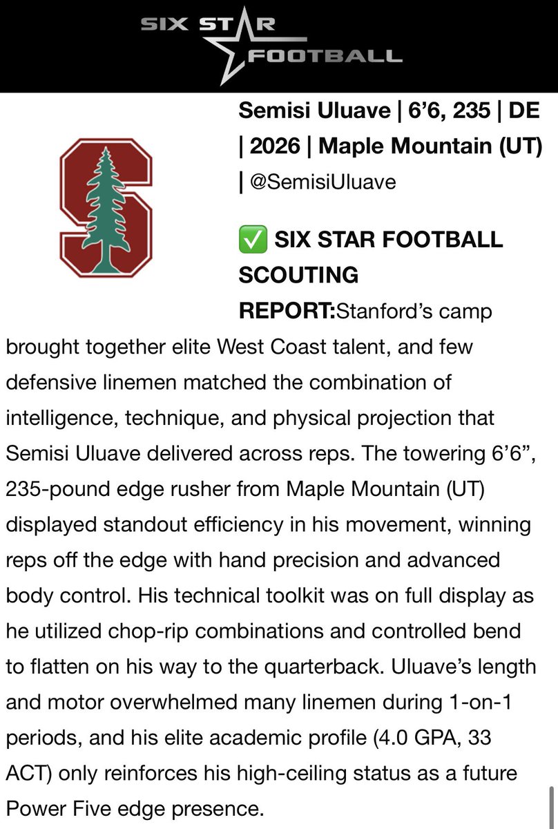 SemisiUluave's tweet image. Thank you @sixstarfootball for the write up. Humbled and grateful to be recognized as a standout and top performer at Stanford Football Camp! At 6’6” 235 lbs with elite academics, I am ready to work.
@CoachKolodziej
@AlNetter
@StanfordFball
@GoStanford
@CoachPehrson…