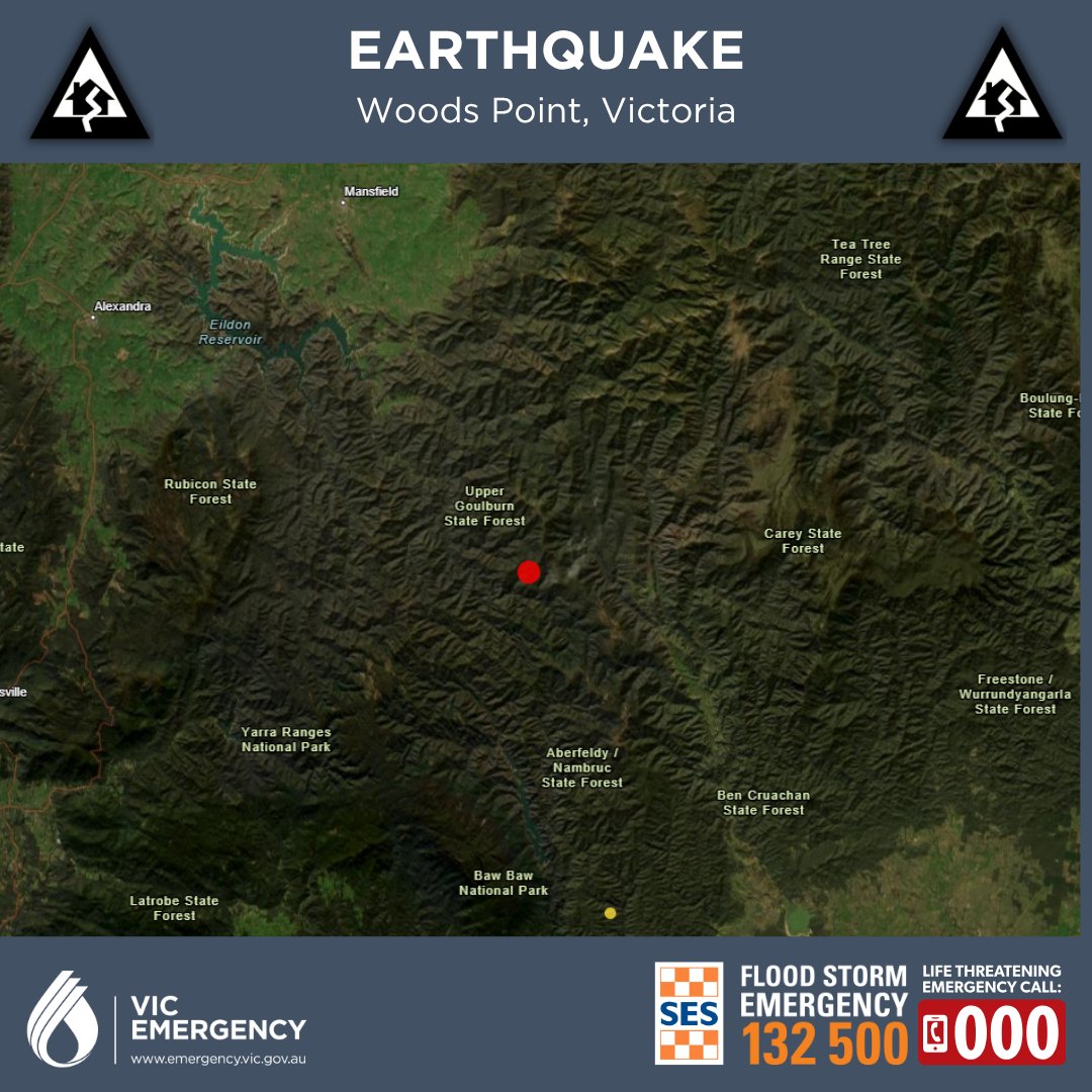 VicEmergency (@vicemergency) on Twitter photo A magnitude 3.1 earthquake at a 1km depth was recorded this morning at 5.22 am with an epicentre near Woods Point.
For <a href="/vicsesnews/">VICSES News</a> assistance, call 132 500, and for more information, visit earthquakes.ga.gov.au A magnitude 3.1 earthquake at a 1km depth was recorded this morning at 5.22 am with an epicentre near Woods Point.
For <a href="/vicsesnews/">VICSES News</a> assistance, call 132 500, and for more information, visit earthquakes.ga.gov.au