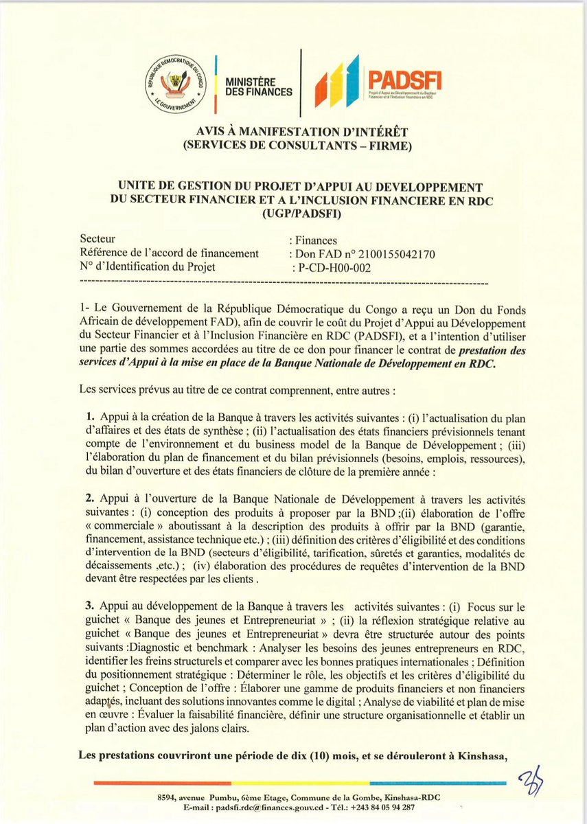 padsfi_rdc's tweet photo. Dans le cadre de la mobilisation de financements à long terme, nous procédons au recrutement d’un consultant (firme) pour accompagner la mise en place de la Banque Nationale de Développement en République Démocratique du Congo. https://t.co/Mr9KGetVqm