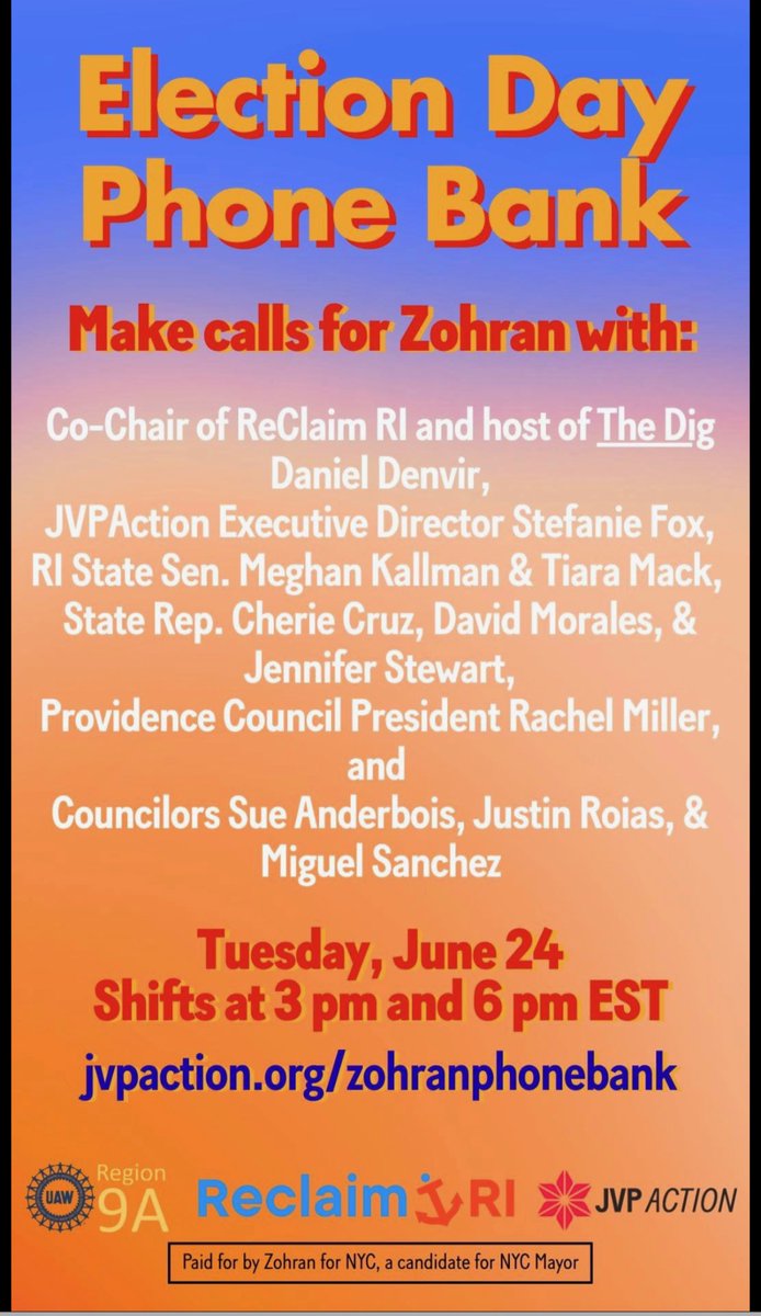 Cherie Cruz (@concernedrier) on Twitter photo Iโm proud to support
<a href="/ZohranKMamdani/">Zohran Kwame Mamdani</a>
for NYC Mayor โ Bold, local progressive leadership is possible!
Join our RI Phone Bank tonight!๐๐ผ Iโm proud to support
<a href="/ZohranKMamdani/">Zohran Kwame Mamdani</a>
for NYC Mayor โ Bold, local progressive leadership is possible!
Join our RI Phone Bank tonight!๐๐ผ