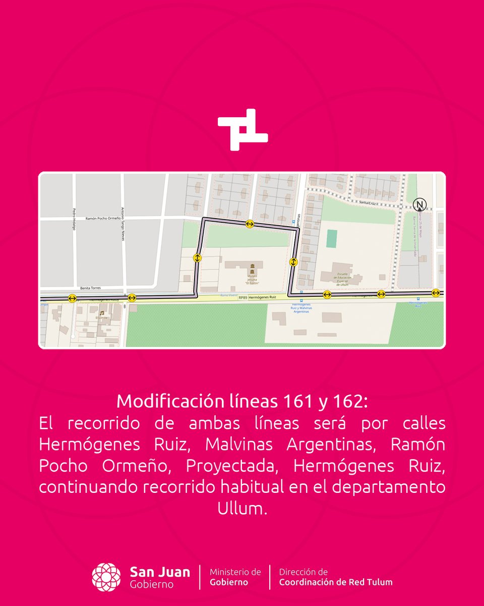 🚍 Modificación de recorridos líneas 161 y 162 🚍

📌 ¡Informate y no te quedes sin viajar!

<a href="/MinGobSanJuan/">MINGOB San Juan</a> 
<a href="/sisanjuanok/">sisanjuanok</a> 

#RedTulum #MinGobierno #TránsitoyTransporte #SUBE #SanJuan #SanJuanArgentina