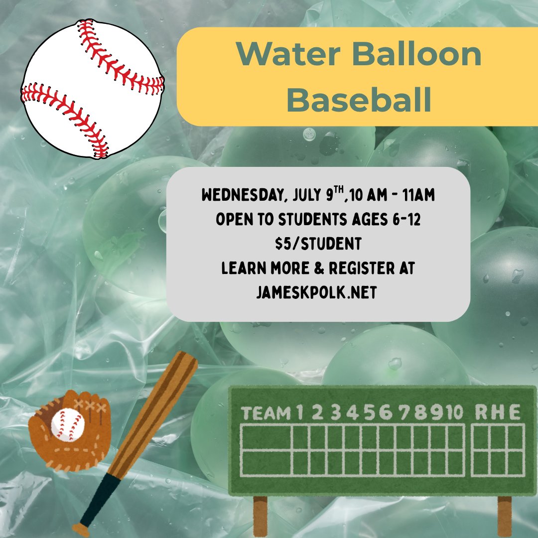 Our next summer youth program is....water balloon baseball! Did you know the first baseball game was played during Polk's administration? Kids will learn a little bit about the history of baseball and play a game of their own (with a water balloon twist). Link in bio to register!
