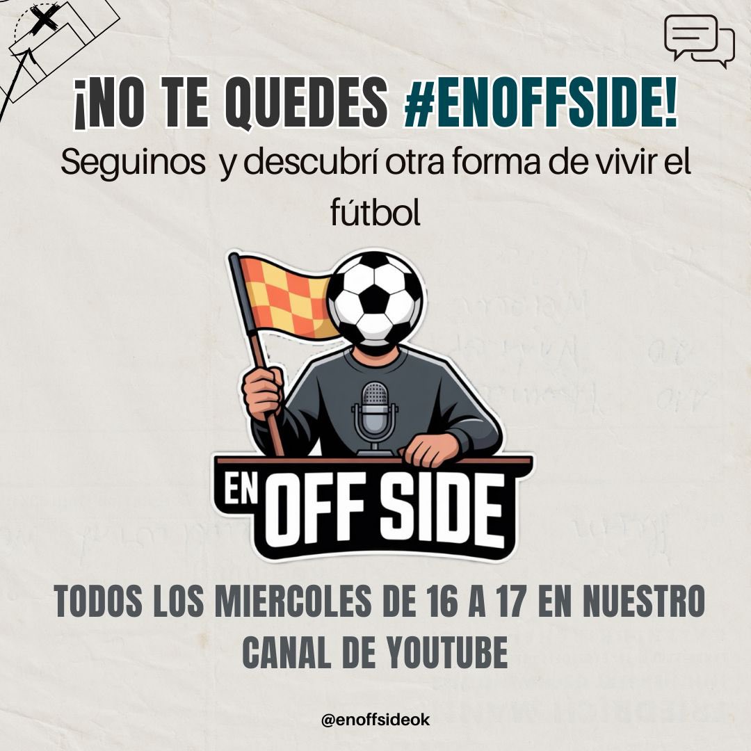 ATENCIÓN !! 🎙️⚽️
<a href="/enoffsideok/">en offside</a> Todos los Miércoles de 16 a 17 hs por YouTube. Análisis, debates, entrevistas, invitados y más.
ESTRENO MAÑANA!! 
Con <a href="/JavierG_Flores/">Javier Flores</a> <a href="/abrilleyba_/">ABRIL</a> _
