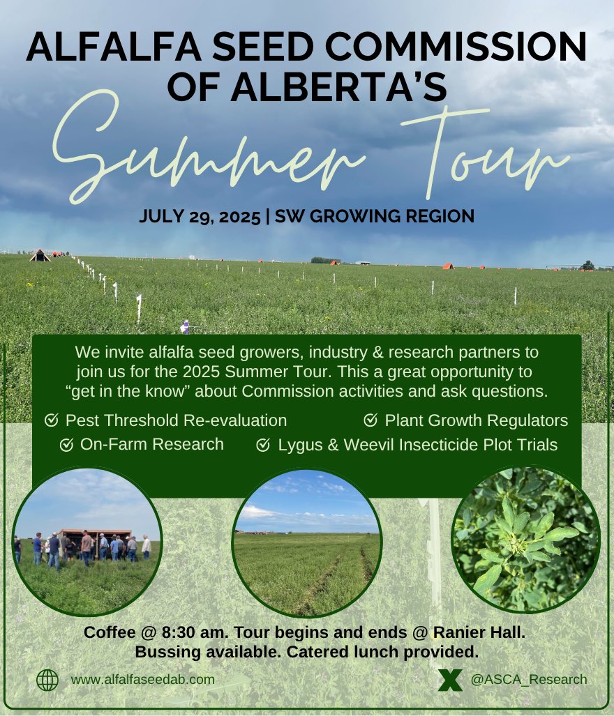 ASCA_Research's tweet photo. 📣 Here it is, the 2025 Summer Tour announcement! 📣 
Please join the Alfalfa Seed Commission of Ab for a tour of our plot trial projects, some unique on-farm research, and more! A few of these projects are new this year so come be the first to see. https://t.co/c46TZoyVG0