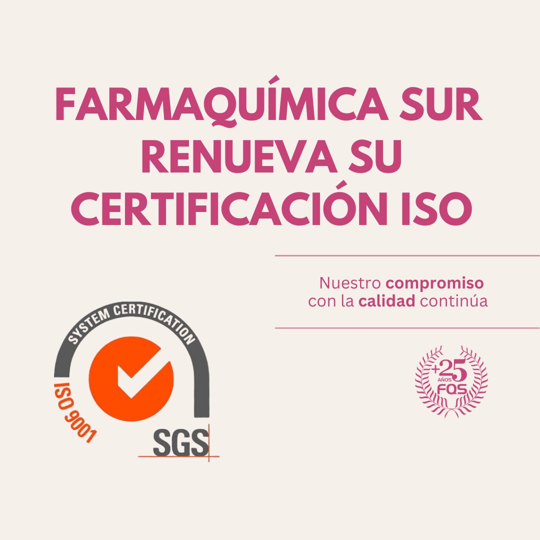 ¡Seguimos apostando por la calidad! 🚀

En FarmaQuímica Sur estamos muy orgullosos de compartir que hemos renovado con éxito nuestra 𝐜𝐞𝐫𝐭𝐢𝐟𝐢𝐜𝐚𝐜𝐢𝐨́𝐧 𝐈𝐒𝐎 𝟗𝟎𝟎𝟏, un reconocimiento internacional que respalda nuestro compromiso con la #excelencia