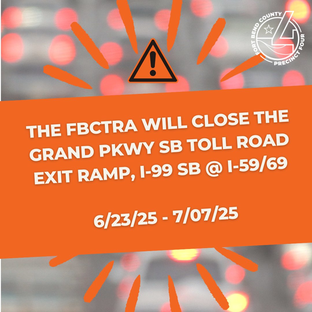 The FBCTRA will close the SB exit of Grand Parkway (99 SB and I-59/69 intersection).

This work will begin Monday, June 23, and conclude Monday, July 7th.

#construction #infrastructure #FortBendCounty #FBCPrecinct4 #FortBend #FortBendTX #Texas #Richmond #Rosenberg #SugarLand