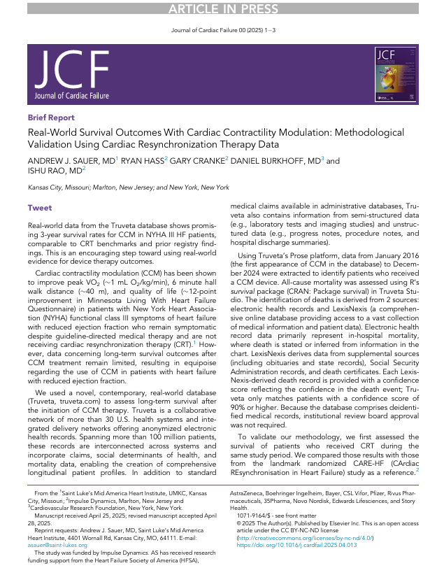 AndrewJSauer's tweet photo. New real-world evidence out in @JCardFail ! 👇
In 503 NYHA III HFrEF pts treated with #CardiacContractilityModulation,
1000-day survival reached 77 % — matching #CRT benchmarks and the landmark CARE-HF trial outcomes.
Our study leverages the @Truveta network (≈100 M EHRs) and highlights how robust #RWE can accelerate device-therapy insights.
@ImpulseDynamics
https://t.co/1SWxgdmoRA