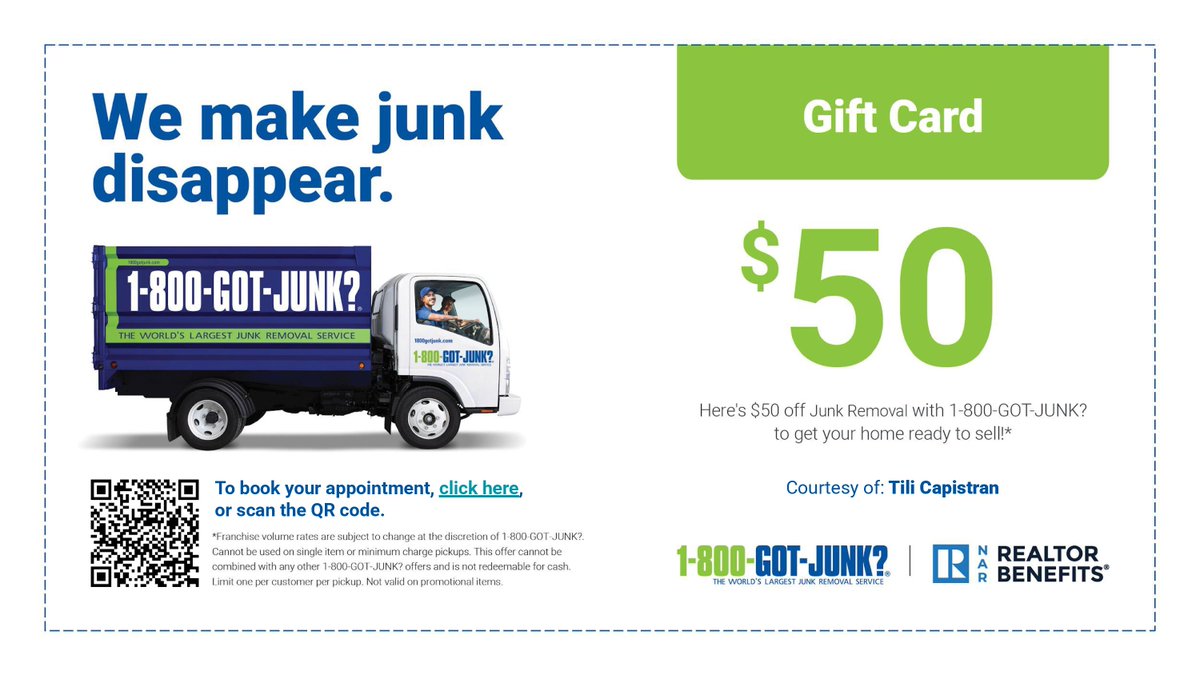 CapistranTili's tweet image. Wanna move or just tired of the clutter? 

Enjoy $50 OFF junk removal with 1-800-GOT-JUNK  courtesy of Tili Capistran &amp;amp; NAR perks (code: RBNAR).
Thinking of selling? Let’s start with a FREE home value analysis.
 info@tili.realtor |  (713) 875-3715
#WannaMove #TalkToTili #GotJunk