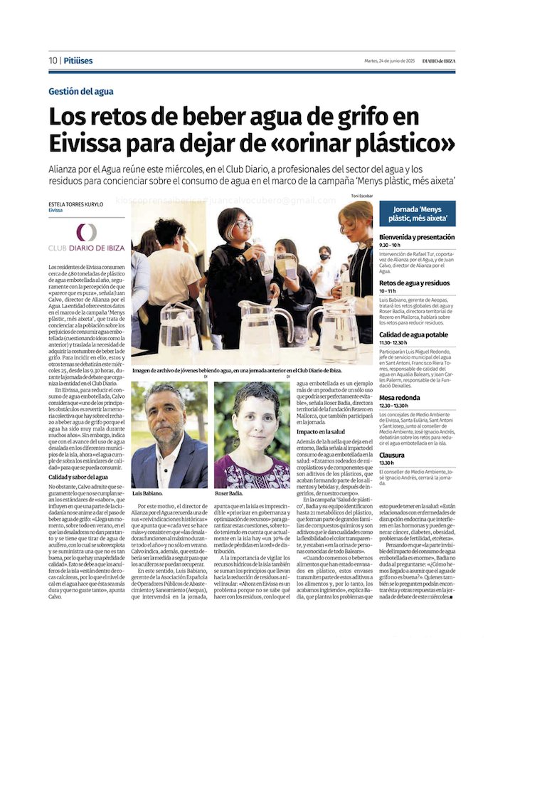 📅  Menys Plàstic, Més Aixeta.
🗓️ 25 de junio | 🕤 9:30 h.
Aeopas en #ibiza 
📍 Club Diario de Ibiza.
📝 Apúntate aquí: bit.ly/3SQ2qSI

💧 Reducir residuos. Mejorar la calidad del agua. 
🌍 Hablaremos del futuro: agua potable, residuo cero y  reducir el agua embotellada