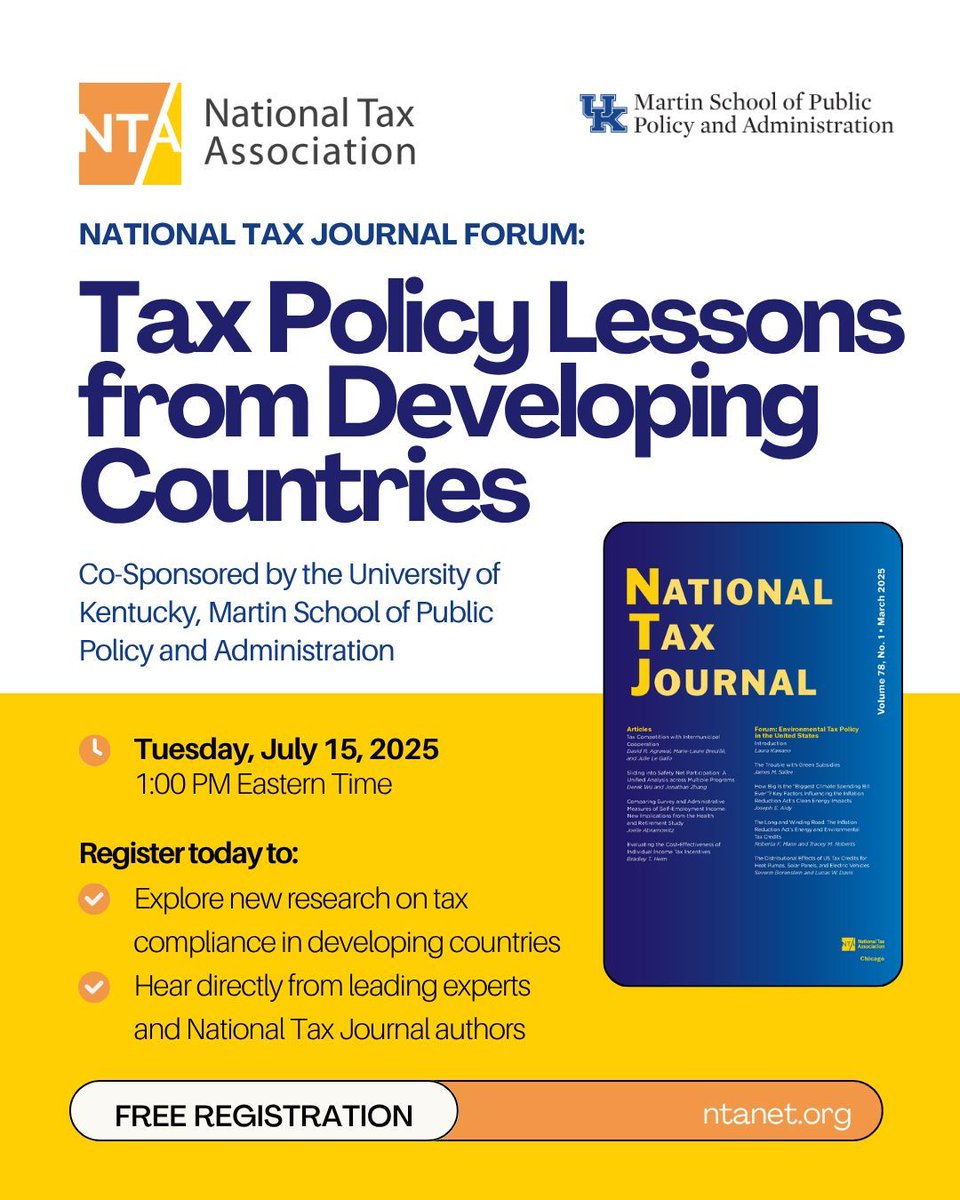 Join us for a lively discussion around Tax Policies in Developing Countries: us02web.zoom.us/webinar/regist…

These countries tend to face higher levels of tax evasion and avoidance, coupled with limited tax enforcement capabilities.
