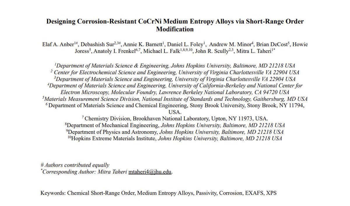 Elaf Anber (@drelafanber) on Twitter photo New arXiv preprint!
Designing Corrosion-Resistant CoCrNi Medium Entropy Alloys via Short-Range Order Modification
We explore how Cr-Cr short-range order enhances passive film formation and aqueous corrosion resistance.
🔗 doi.org/10.48550/arXiv…
#HEAs #CSRO #EXAFS <a href="/JHUMaterials/">Johns Hopkins MatSci</a> New arXiv preprint!
Designing Corrosion-Resistant CoCrNi Medium Entropy Alloys via Short-Range Order Modification
We explore how Cr-Cr short-range order enhances passive film formation and aqueous corrosion resistance.
🔗 doi.org/10.48550/arXiv…
#HEAs #CSRO #EXAFS <a href="/JHUMaterials/">Johns Hopkins MatSci</a>