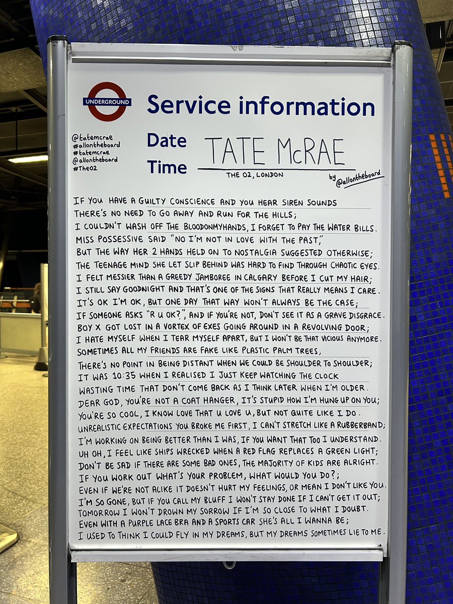 All On The Board (@allontheboard) on Twitter photo The one and only <a href="/tatemcrae/">Tate McRae</a> is back at <a href="/TheO2/">The O2</a> today. The Tate McRae poem by <a href="/allontheboard/">All On The Board</a> is at North Greenwich station.
#TateMcRae #TheO2 The one and only <a href="/tatemcrae/">Tate McRae</a> is back at <a href="/TheO2/">The O2</a> today. The Tate McRae poem by <a href="/allontheboard/">All On The Board</a> is at North Greenwich station.
#TateMcRae #TheO2